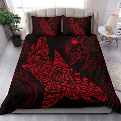 Shark Polynesian Duvet Cover Set - Polynesian Tattoo Red