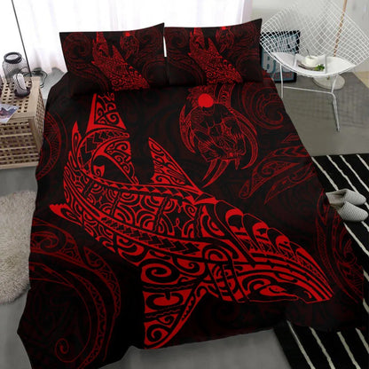 Shark Polynesian Duvet Cover Set - Polynesian Tattoo Red
