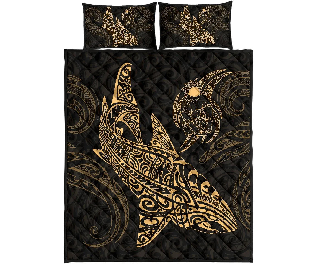 Polynesian Quilt Bed Set - Polynesian Gold Shark Warrior Tattoo