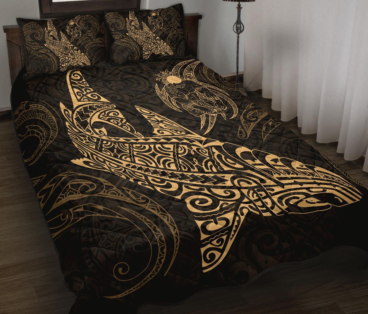 Polynesian Quilt Bed Set - Polynesian Gold Shark Warrior Tattoo