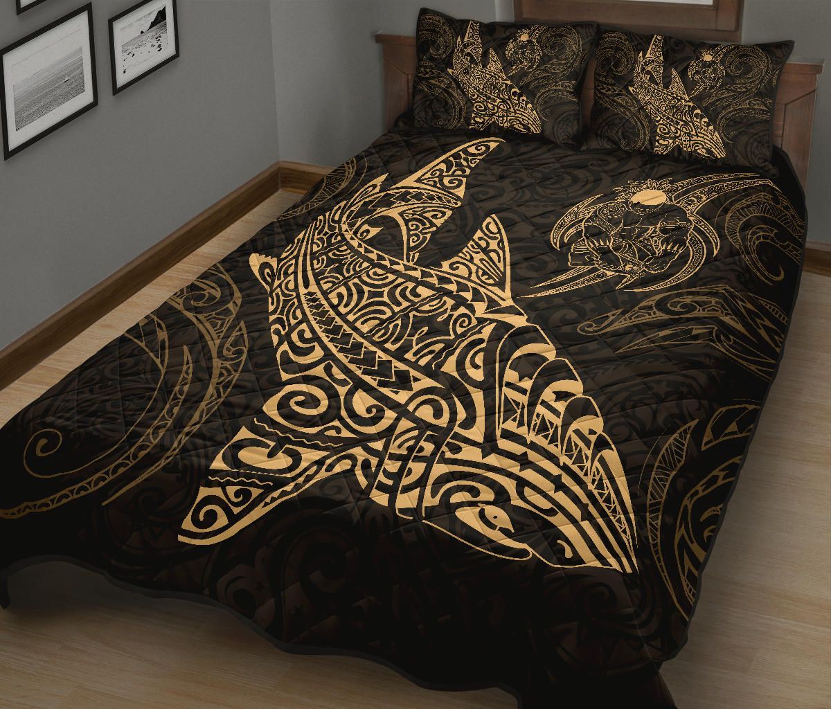 Polynesian Quilt Bed Set - Polynesian Gold Shark Warrior Tattoo