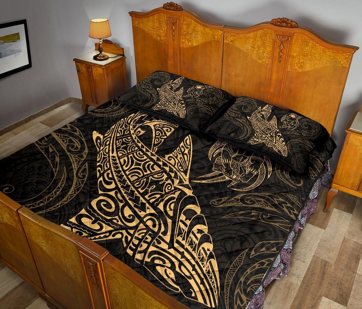 Polynesian Quilt Bed Set - Polynesian Gold Shark Warrior Tattoo