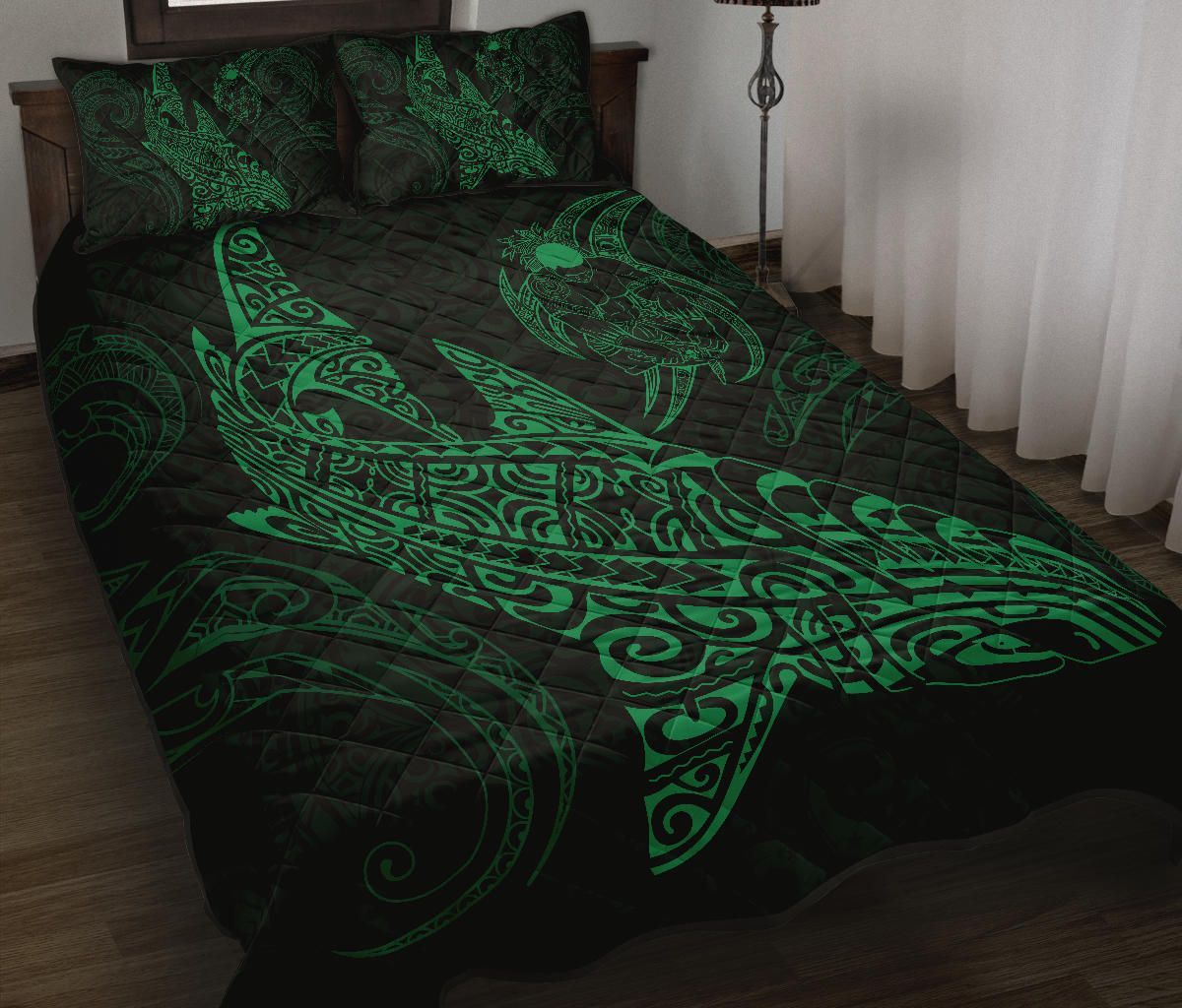 Polynesian Quilt Bed Set - Polynesian Green Shark Warrior Tattoo