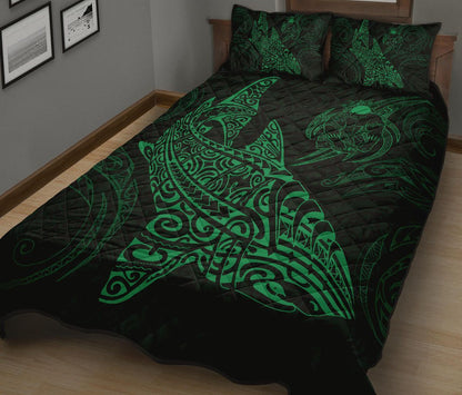 Polynesian Quilt Bed Set - Polynesian Green Shark Warrior Tattoo
