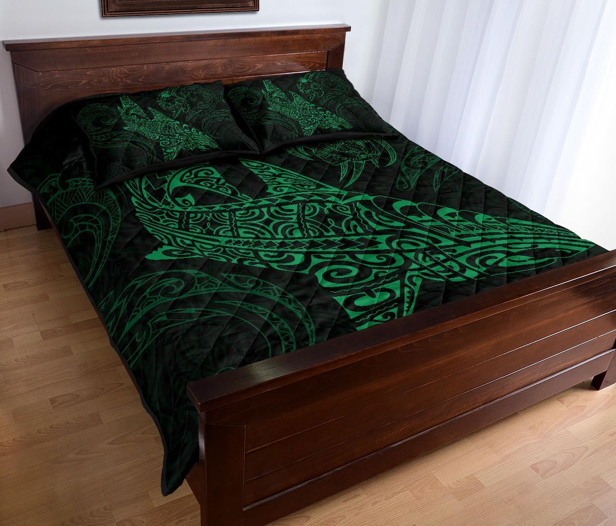 Polynesian Quilt Bed Set - Polynesian Green Shark Warrior Tattoo
