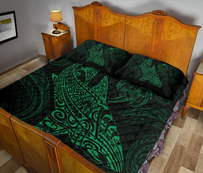 Polynesian Quilt Bed Set - Polynesian Green Shark Warrior Tattoo