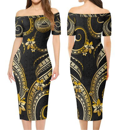American Samoa Combo Short Sleeve Dress And Shirt Golden Polynesian Pattern