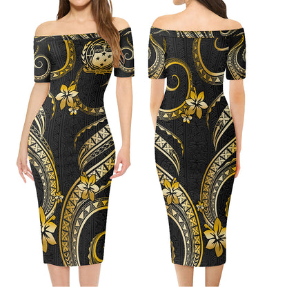 Samoa Combo Short Sleeve Dress And Shirt Golden Polynesian Pattern