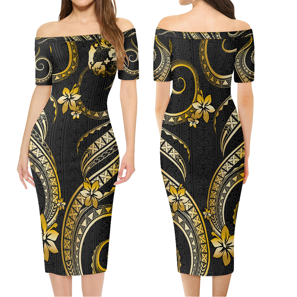 Tonga Combo Short Sleeve Dress And Shirt Golden Polynesian Pattern