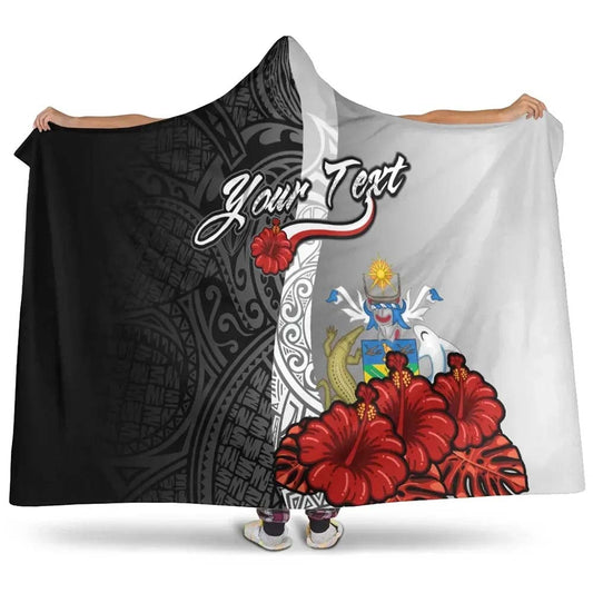 Solomon Islands Polynesian Custom Personalised Hooded Blanket- Coat Of Arm With Hibiscus White