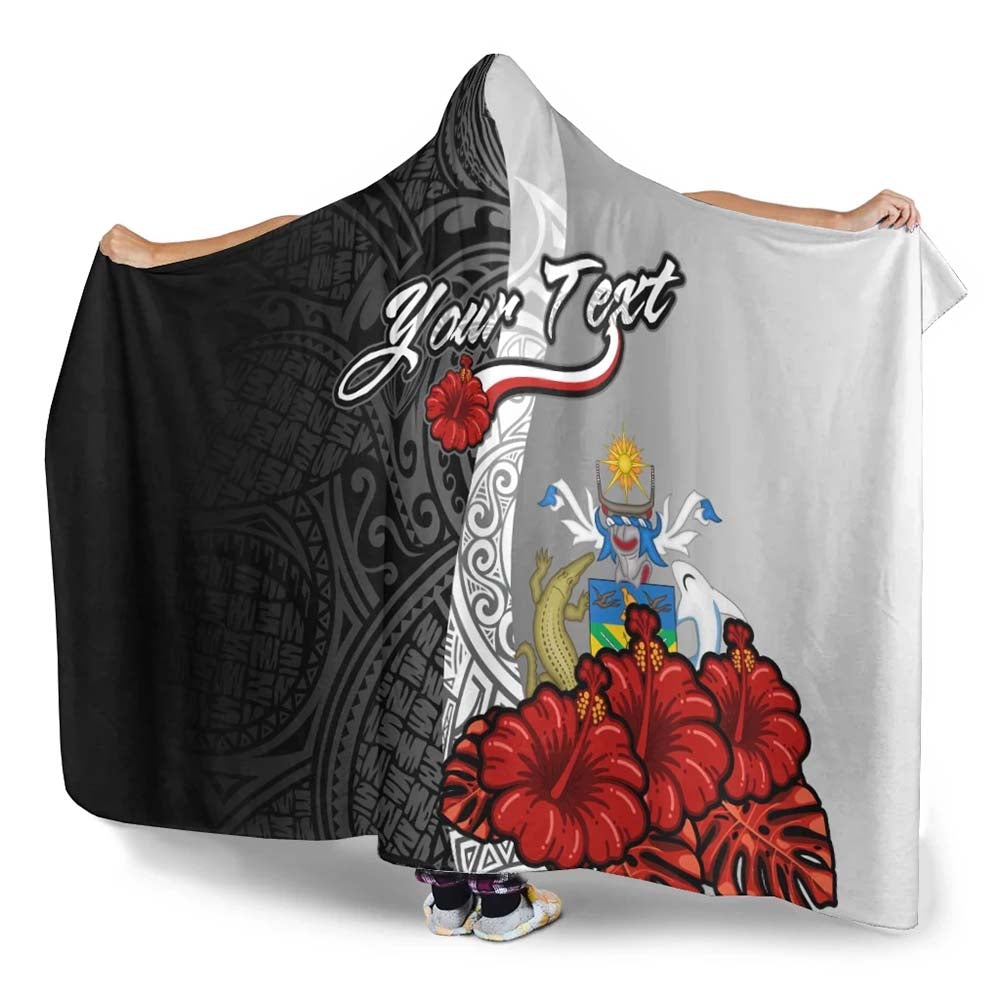 Solomon Islands Polynesian Custom Personalised Hooded Blanket- Coat Of Arm With Hibiscus White