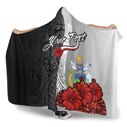 Solomon Islands Polynesian Custom Personalised Hooded Blanket- Coat Of Arm With Hibiscus White