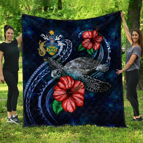 Solomon Islands Polynesian Premium Quilt - Blue Turtle Hibiscus