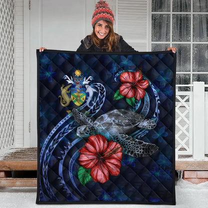 Solomon Islands Polynesian Premium Quilt - Blue Turtle Hibiscus