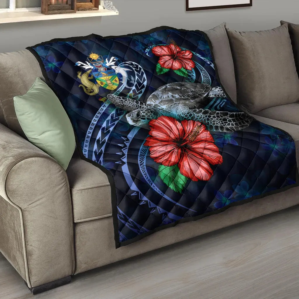 Solomon Islands Polynesian Premium Quilt - Blue Turtle Hibiscus