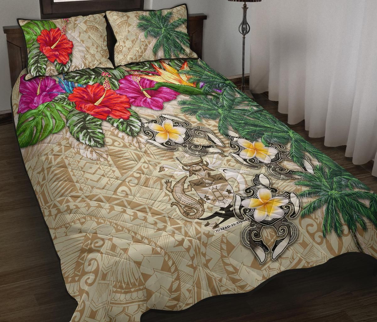 Solomon Islands Polynesian Quilt Bed Set - Hibiscus Turtle Tattoo Beige
