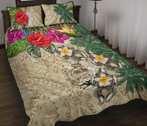 Solomon Islands Polynesian Quilt Bed Set - Hibiscus Turtle Tattoo Beige