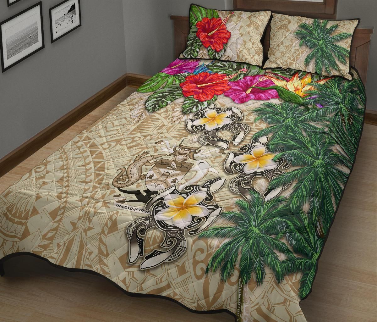 Solomon Islands Polynesian Quilt Bed Set - Hibiscus Turtle Tattoo Beige