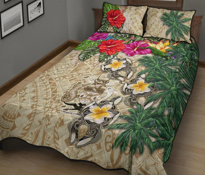 Solomon Islands Polynesian Quilt Bed Set - Hibiscus Turtle Tattoo Beige