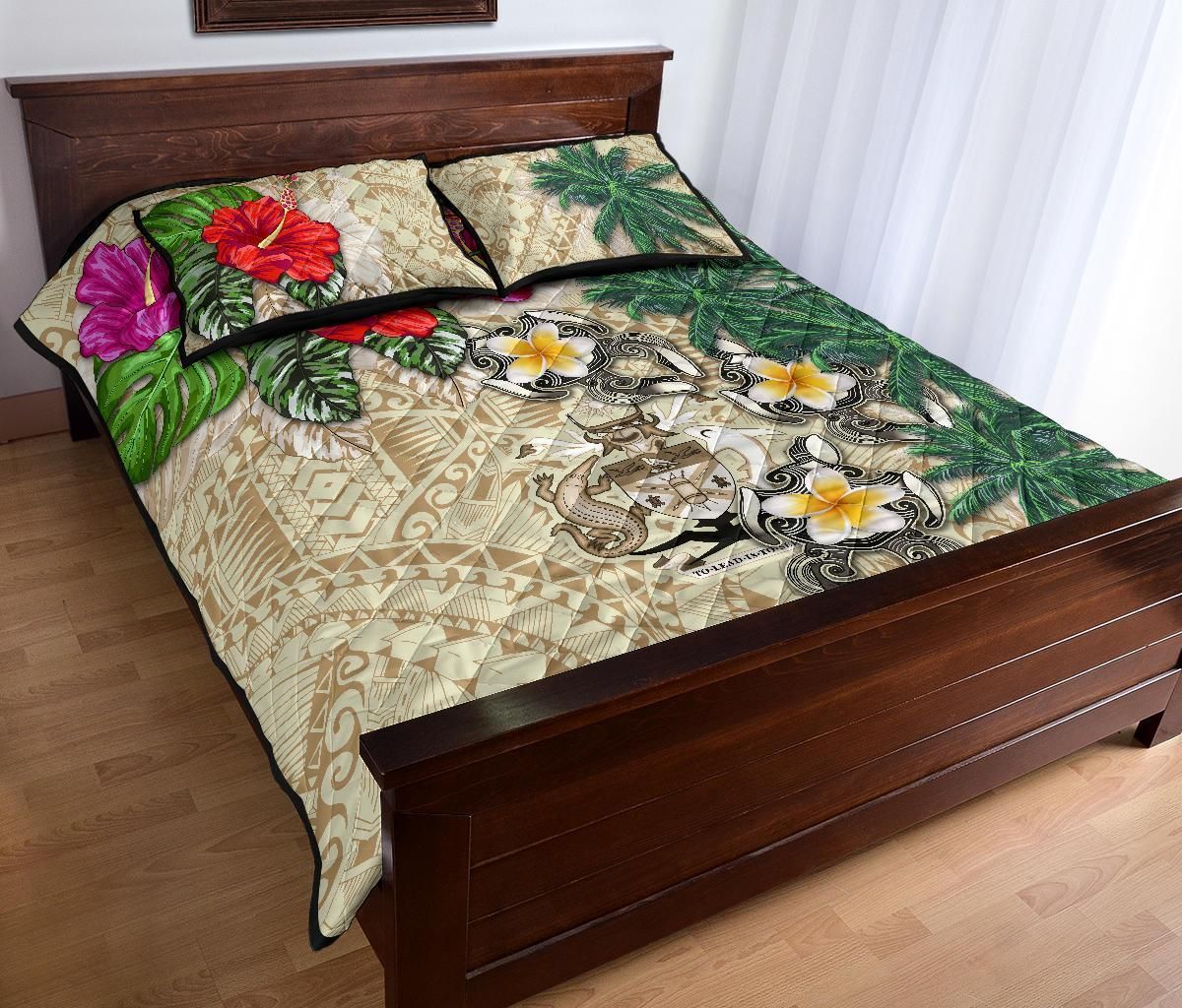 Solomon Islands Polynesian Quilt Bed Set - Hibiscus Turtle Tattoo Beige