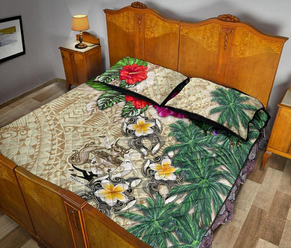 Solomon Islands Polynesian Quilt Bed Set - Hibiscus Turtle Tattoo Beige