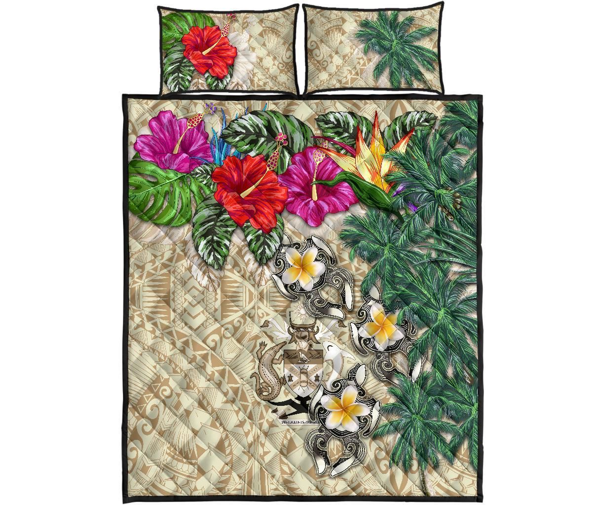 Solomon Islands Polynesian Quilt Bed Set - Hibiscus Turtle Tattoo Beige