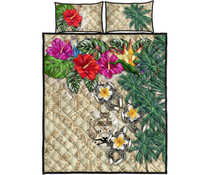 Solomon Islands Polynesian Quilt Bed Set - Hibiscus Turtle Tattoo Beige