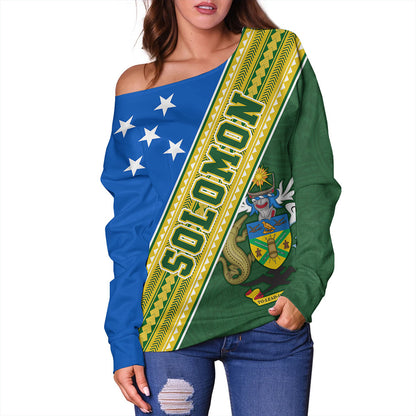 Solomon Islands Off Shoulder Sweatshirt Flag And Coat Of Arms