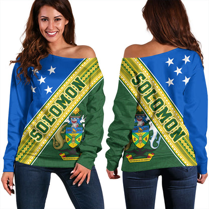 Solomon Islands Off Shoulder Sweatshirt Flag And Coat Of Arms