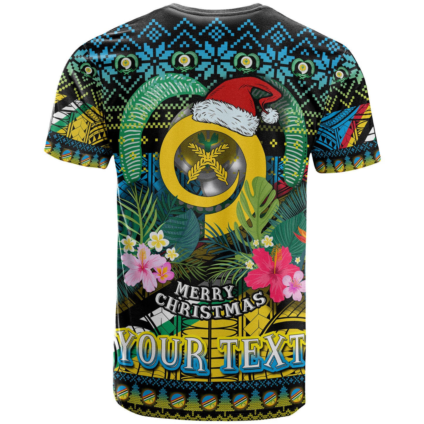 Torba Polynesian Christmas T-Shirt - Custom Torba Vanuatu Coat of Arms Christmas Hat Polynesian Patterns T-Shirt