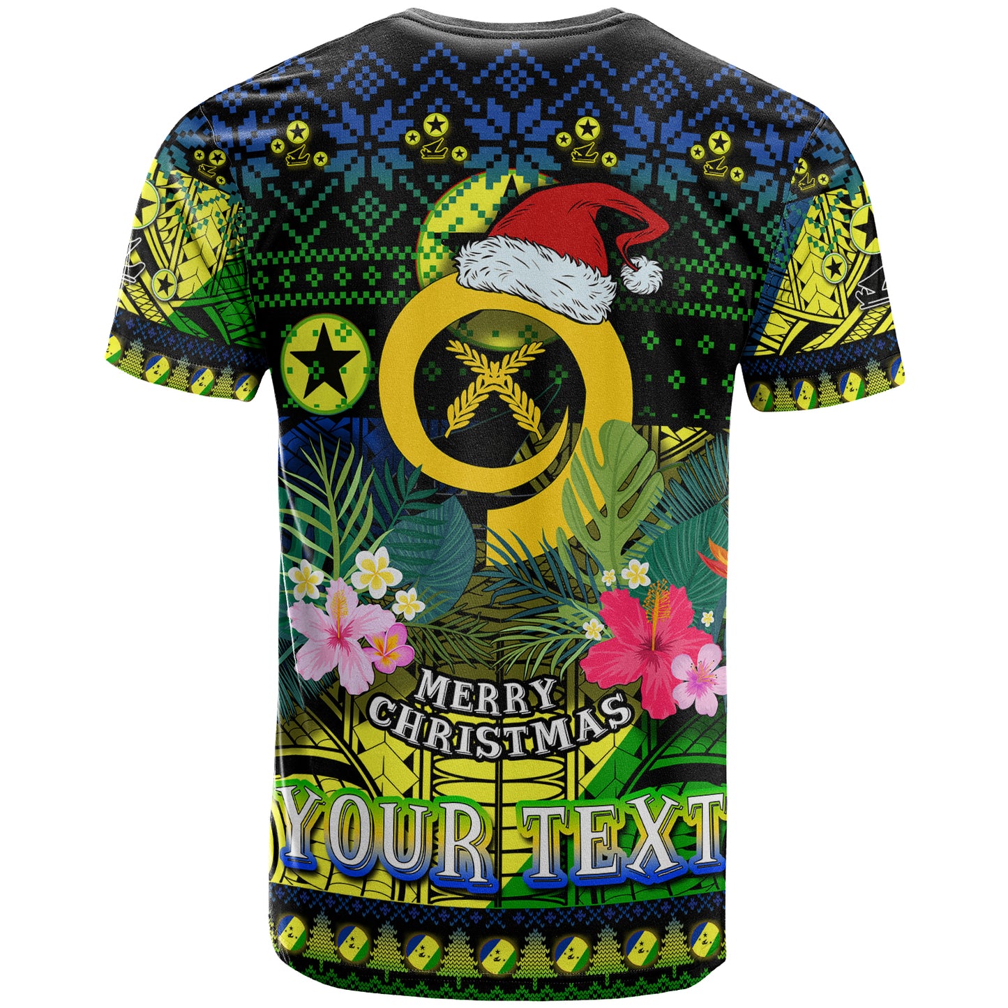 Malampa Polynesian Christmas T-Shirt - Custom Malampa Vanuatu Coat of Arms Christmas Hat Polynesian Patterns T-Shirt