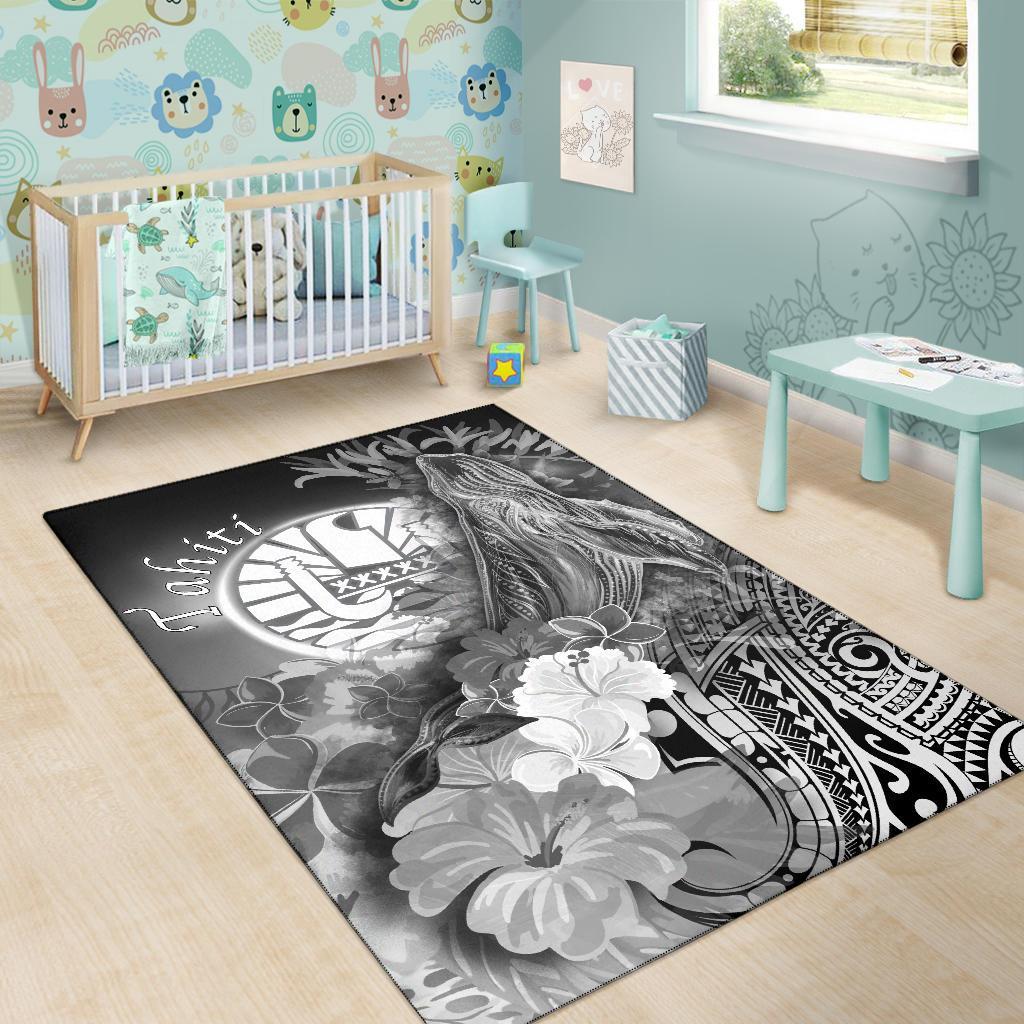 Tahiti Area Rug - Humpback Whale with Tropical Flowers (White)