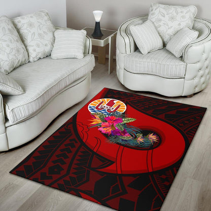 Tahiti Area Rug - Polynesian Hook And Hibiscus (Red)