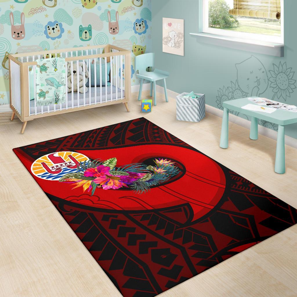 Tahiti Area Rug - Polynesian Hook And Hibiscus (Red)