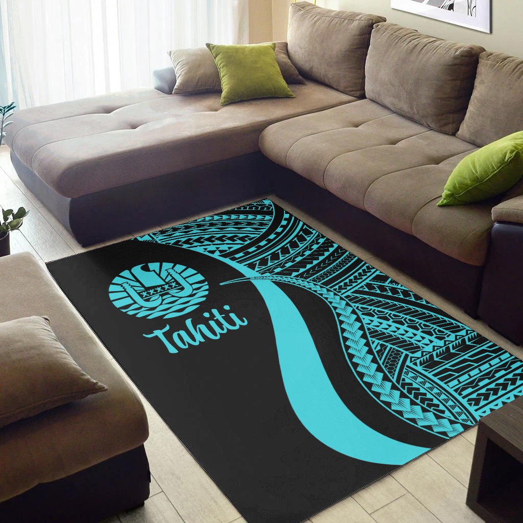 Tahiti Area Rug - Turquoise Polynesian Tentacle Tribal Pattern