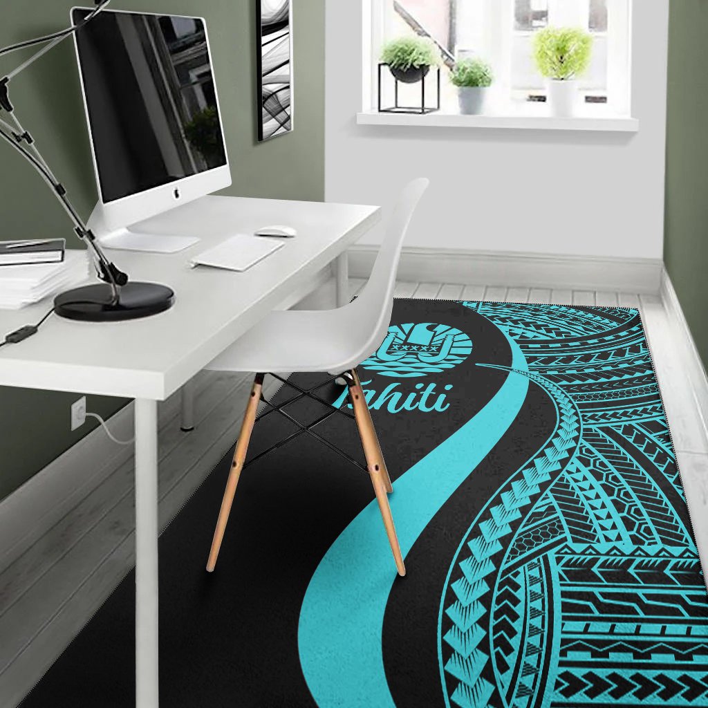 Tahiti Area Rug - Turquoise Polynesian Tentacle Tribal Pattern