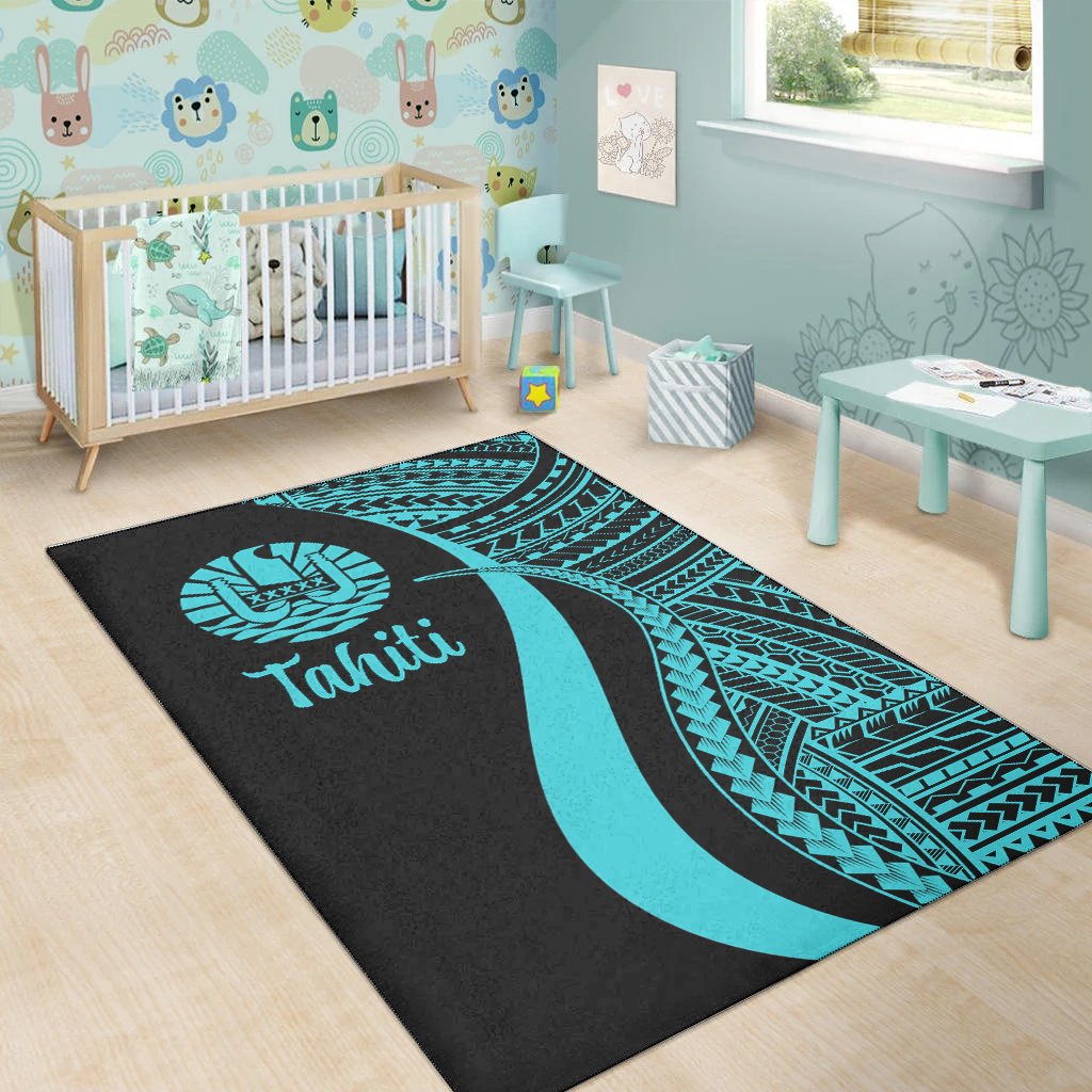 Tahiti Area Rug - Turquoise Polynesian Tentacle Tribal Pattern