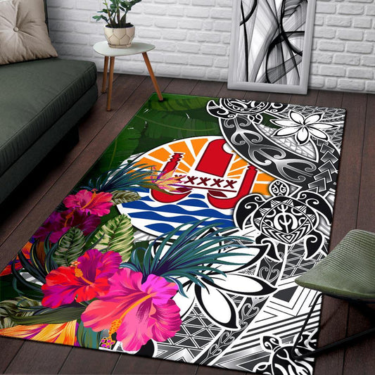 Tahiti Area Rug White - Turtle Plumeria Banana Leaf