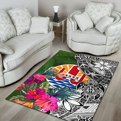 Tahiti Area Rug White - Turtle Plumeria Banana Leaf