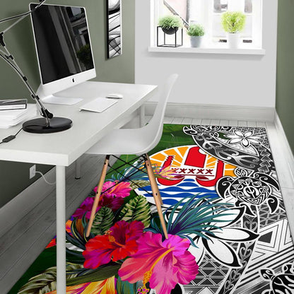 Tahiti Area Rug White - Turtle Plumeria Banana Leaf
