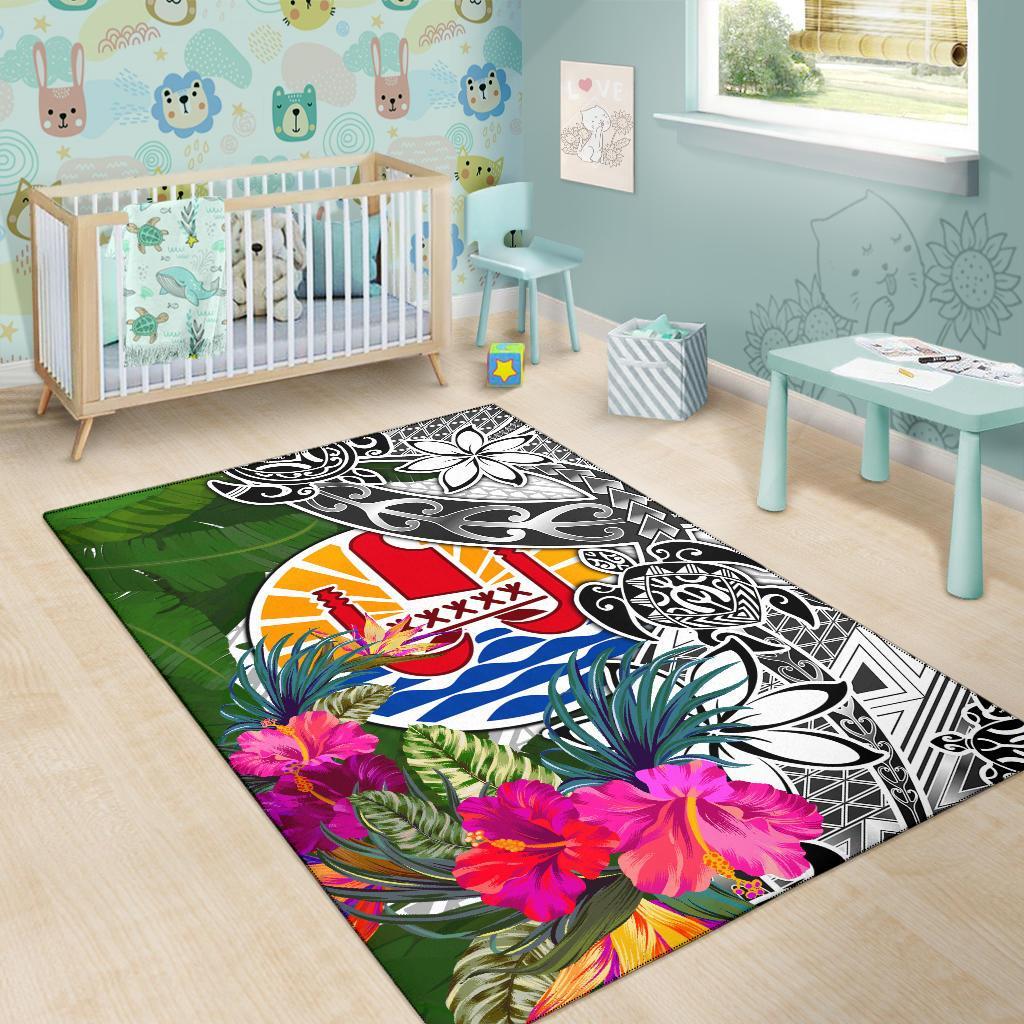 Tahiti Area Rug White - Turtle Plumeria Banana Leaf