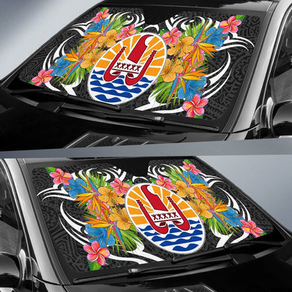 Tahiti Auto Sun Shades - Coat Of Arms With Tropical Flowers