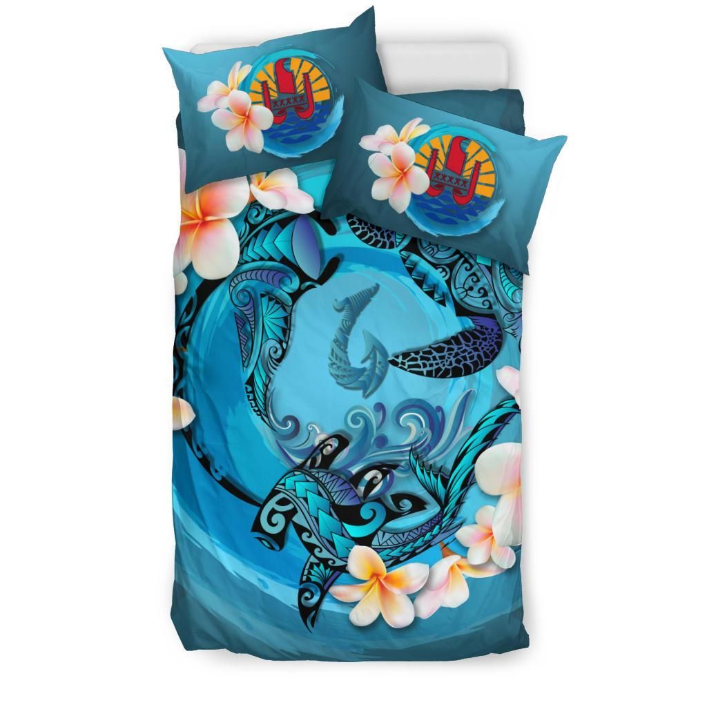 Polynesian Duvet Cover Set - Tahiti Bedding Set Blue Plumeria Animal Tattoo