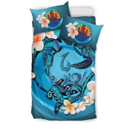 Polynesian Duvet Cover Set - Tahiti Bedding Set Blue Plumeria Animal Tattoo