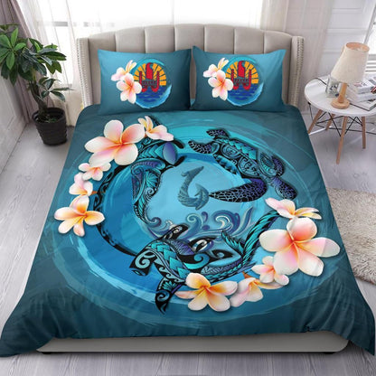 Polynesian Duvet Cover Set - Tahiti Bedding Set Blue Plumeria Animal Tattoo