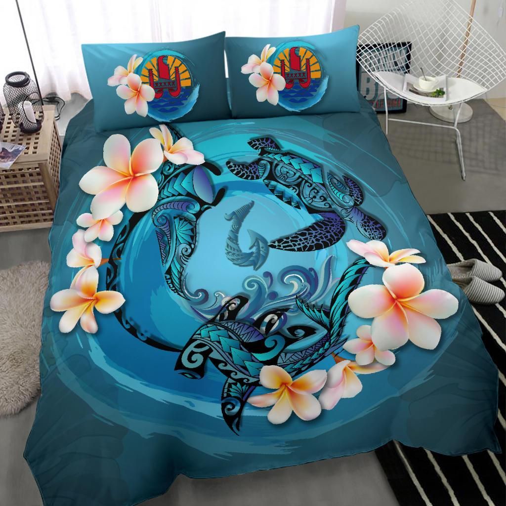 Polynesian Duvet Cover Set - Tahiti Bedding Set Blue Plumeria Animal Tattoo