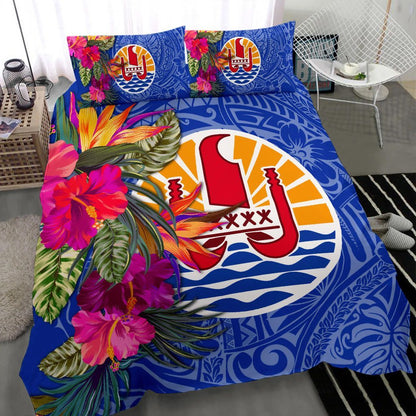 Tahiti Bedding Set - Hibiscus Polynesian Pattern Blue Version