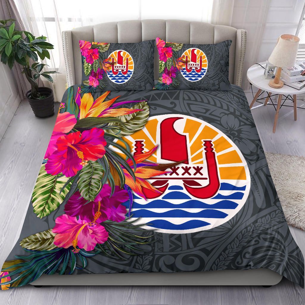 Tahiti Bedding Set - Hibiscus Polynesian Pattern Gray Version