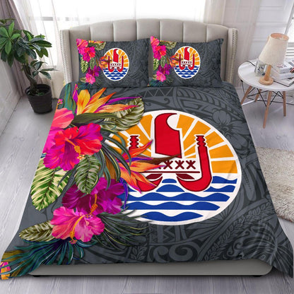 Tahiti Bedding Set - Hibiscus Polynesian Pattern Gray Version