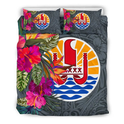Tahiti Bedding Set - Hibiscus Polynesian Pattern Gray Version